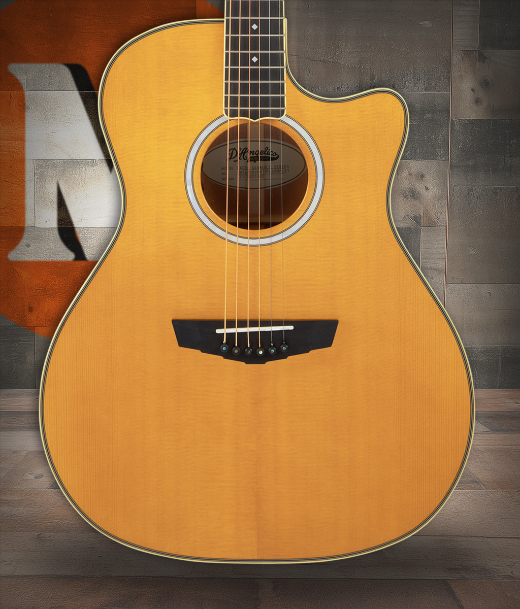 DÃ¢â‚¬â„¢Angelico Gramercy Grand Auditorium CE acoustic-electric guitar in Vintage Natural featuring a grand auditorium body, cutaway design, solid-tone construction, onboard electronics, and includes a padded gig bag.