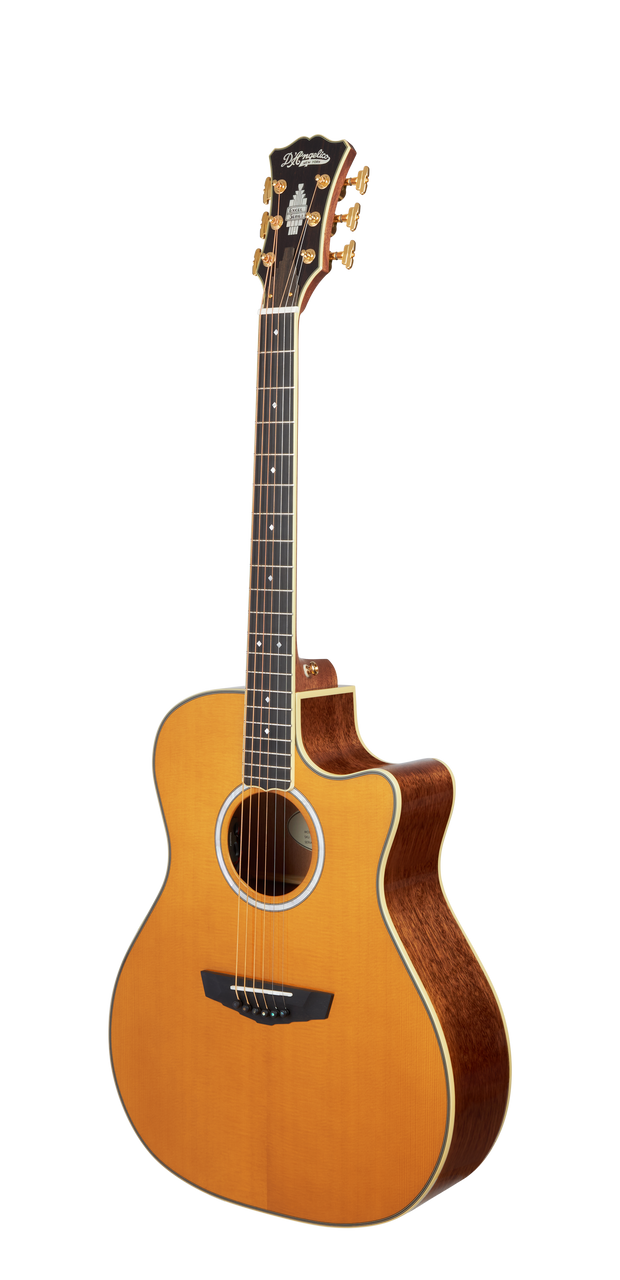 Dâ€™Angelico Gramercy Grand Auditorium CE acoustic-electric guitar in Vintage Natural featuring a grand auditorium body, cutaway design, solid-tone construction, onboard electronics, and includes a padded gig bag.