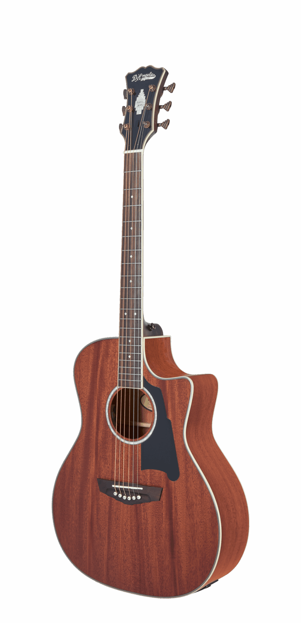 DÃ¢â‚¬â„¢Angelico Excel Gramercy acoustic-electric guitar in Natural Mahogany featuring an auditorium body, rich mahogany tonewoods, premium Excel appointments, onboard electronics, and an included padded gig bag.