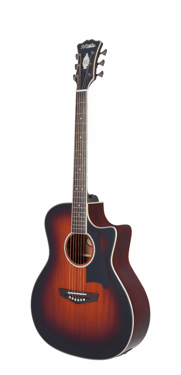 Dâ€™Angelico Excel Gramercy acoustic-electric guitar in Mahogany Burst featuring auditorium body shape, premium Excel detailing, mahogany tonewoods, onboard electronics, and a padded gig bag.