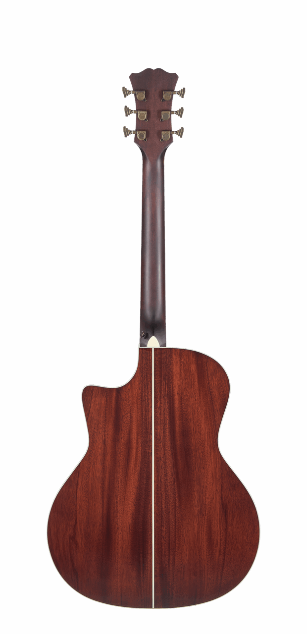 Dâ€™Angelico Excel Gramercy acoustic-electric guitar in Mahogany Burst featuring auditorium body shape, premium Excel detailing, mahogany tonewoods, onboard electronics, and a padded gig bag.