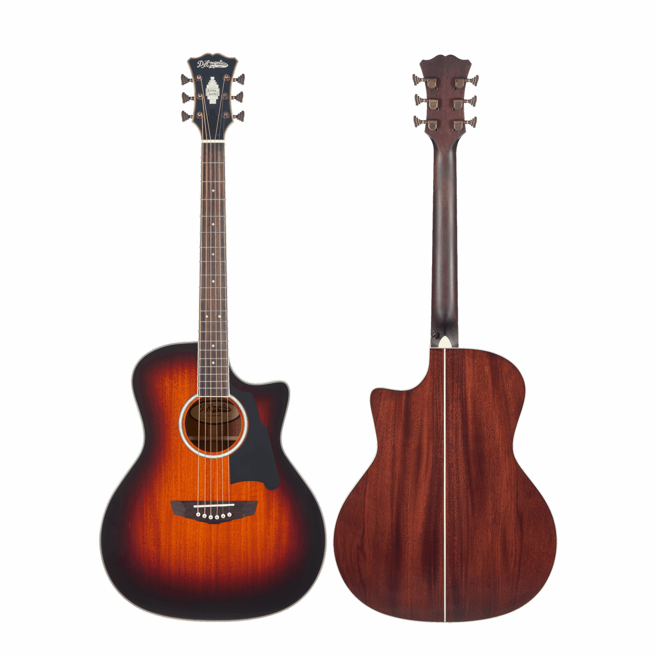 DÃ¢â‚¬â„¢Angelico Excel Gramercy acoustic-electric guitar in Mahogany Burst featuring auditorium body shape, premium Excel detailing, mahogany tonewoods, onboard electronics, and a padded gig bag.