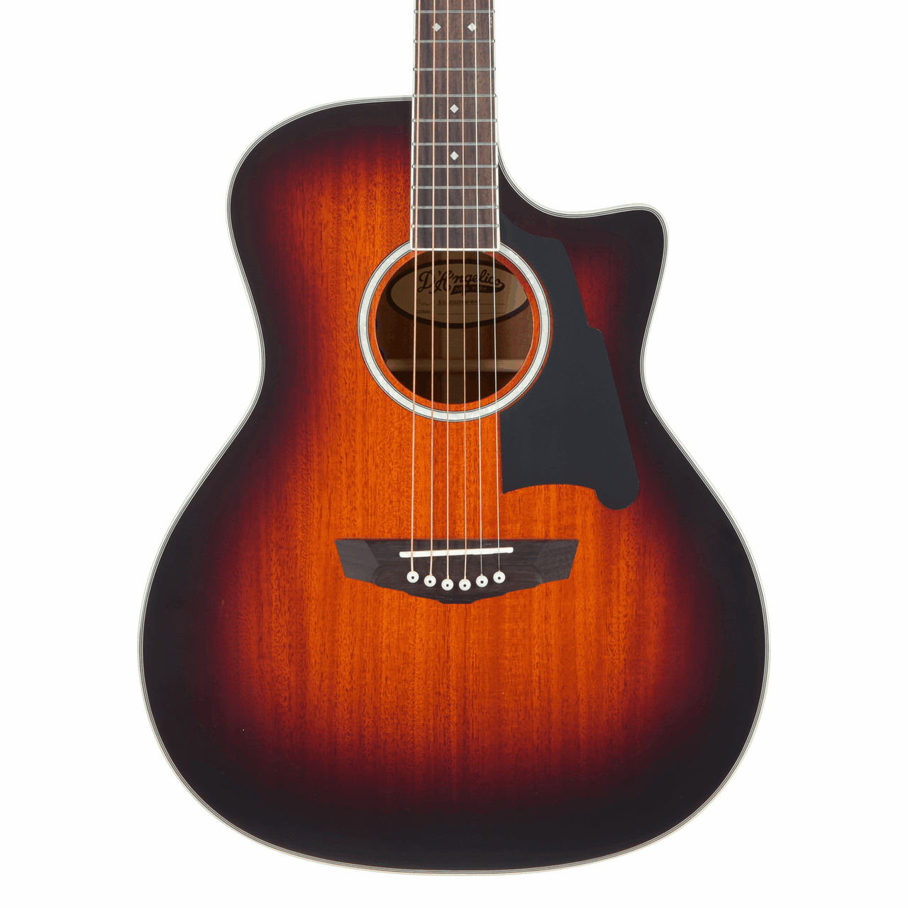 DÃ¢â‚¬â„¢Angelico Excel Gramercy acoustic-electric guitar in Mahogany Burst featuring auditorium body shape, premium Excel detailing, mahogany tonewoods, onboard electronics, and a padded gig bag.