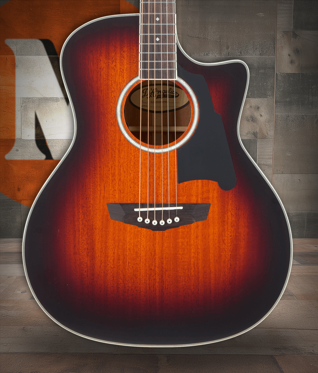 Dâ€™Angelico Excel Gramercy acoustic-electric guitar in Mahogany Burst featuring auditorium body shape, premium Excel detailing, mahogany tonewoods, onboard electronics, and a padded gig bag.