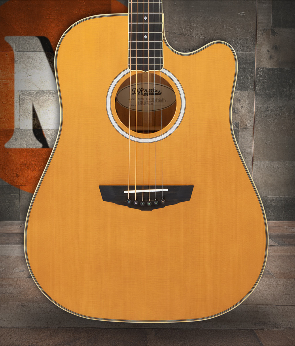 Dâ€™Angelico Bowery Dreadnought CE acoustic-electric guitar in Vintage Natural featuring a full dreadnought body, cutaway design, bold projection, onboard electronics, classic Bowery styling, and an included gig bag.