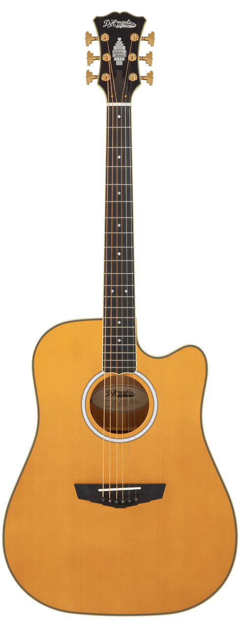 DÃ¢â‚¬â„¢Angelico Bowery Dreadnought CE acoustic-electric guitar in Vintage Natural featuring a full dreadnought body, cutaway design, bold projection, onboard electronics, classic Bowery styling, and an included gig bag.