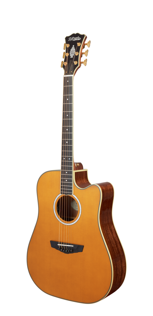 DÃ¢â‚¬â„¢Angelico Bowery Dreadnought CE acoustic-electric guitar in Vintage Natural featuring a full dreadnought body, cutaway design, bold projection, onboard electronics, classic Bowery styling, and an included gig bag.