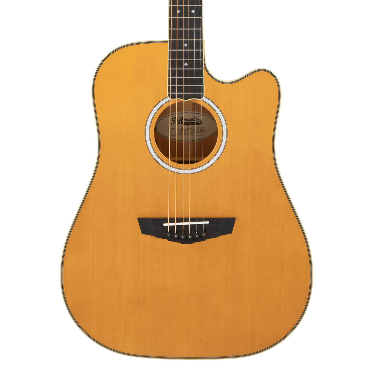 Dâ€™Angelico Bowery Dreadnought CE acoustic-electric guitar in Vintage Natural featuring a full dreadnought body, cutaway design, bold projection, onboard electronics, classic Bowery styling, and an included gig bag.