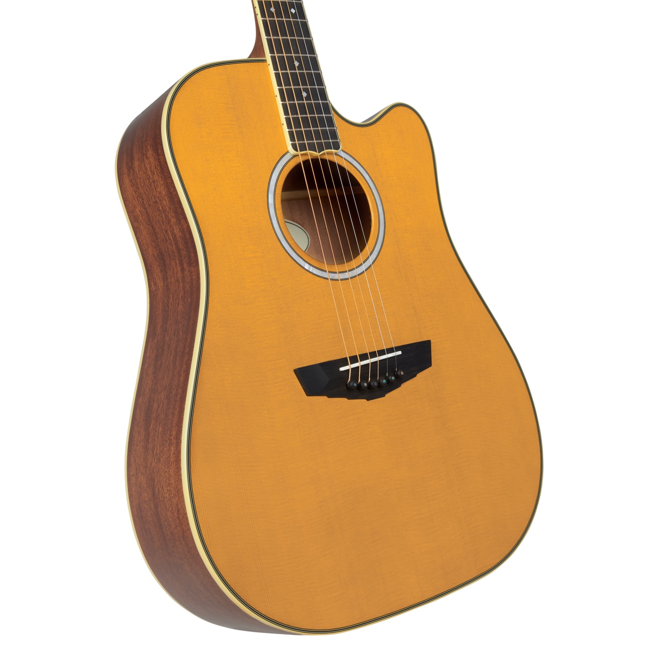 DÃ¢â‚¬â„¢Angelico Bowery Dreadnought CE acoustic-electric guitar in Vintage Natural featuring a full dreadnought body, cutaway design, bold projection, onboard electronics, classic Bowery styling, and an included gig bag.