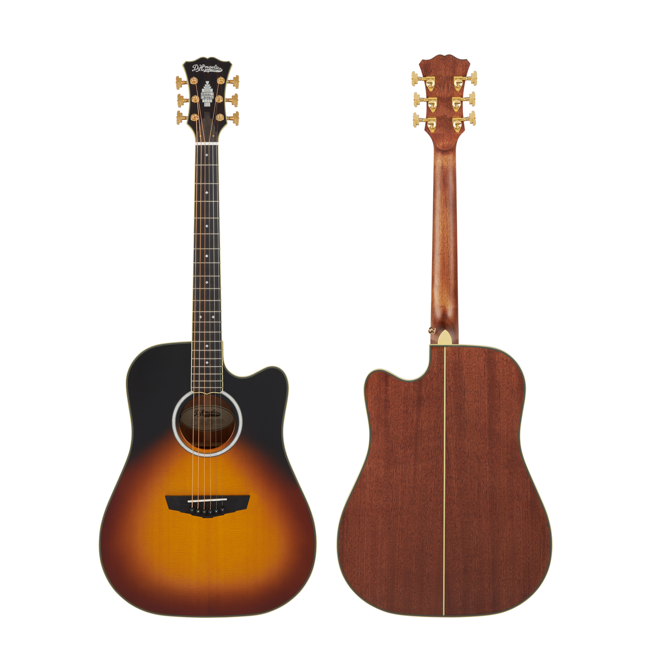 DÃ¢â‚¬â„¢Angelico Bowery Dreadnought CE acoustic-electric guitar in Vintage Sunset featuring a full dreadnought body, cutaway design, vibrant sunset finish, onboard electronics, bold projection, and an included gig bag.