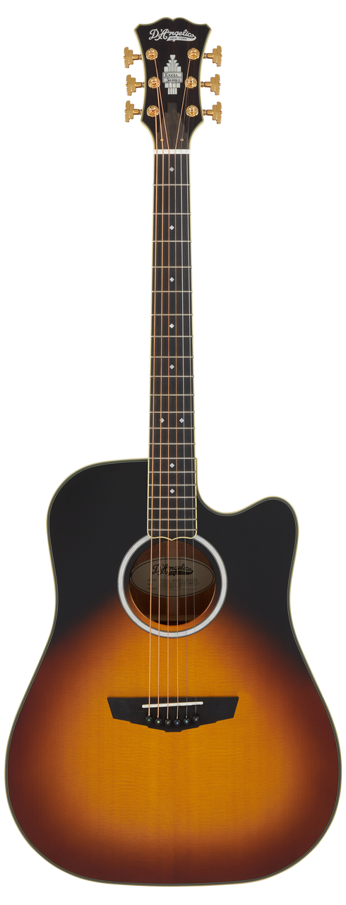 DÃ¢â‚¬â„¢Angelico Bowery Dreadnought CE acoustic-electric guitar in Vintage Sunset featuring a full dreadnought body, cutaway design, vibrant sunset finish, onboard electronics, bold projection, and an included gig bag.