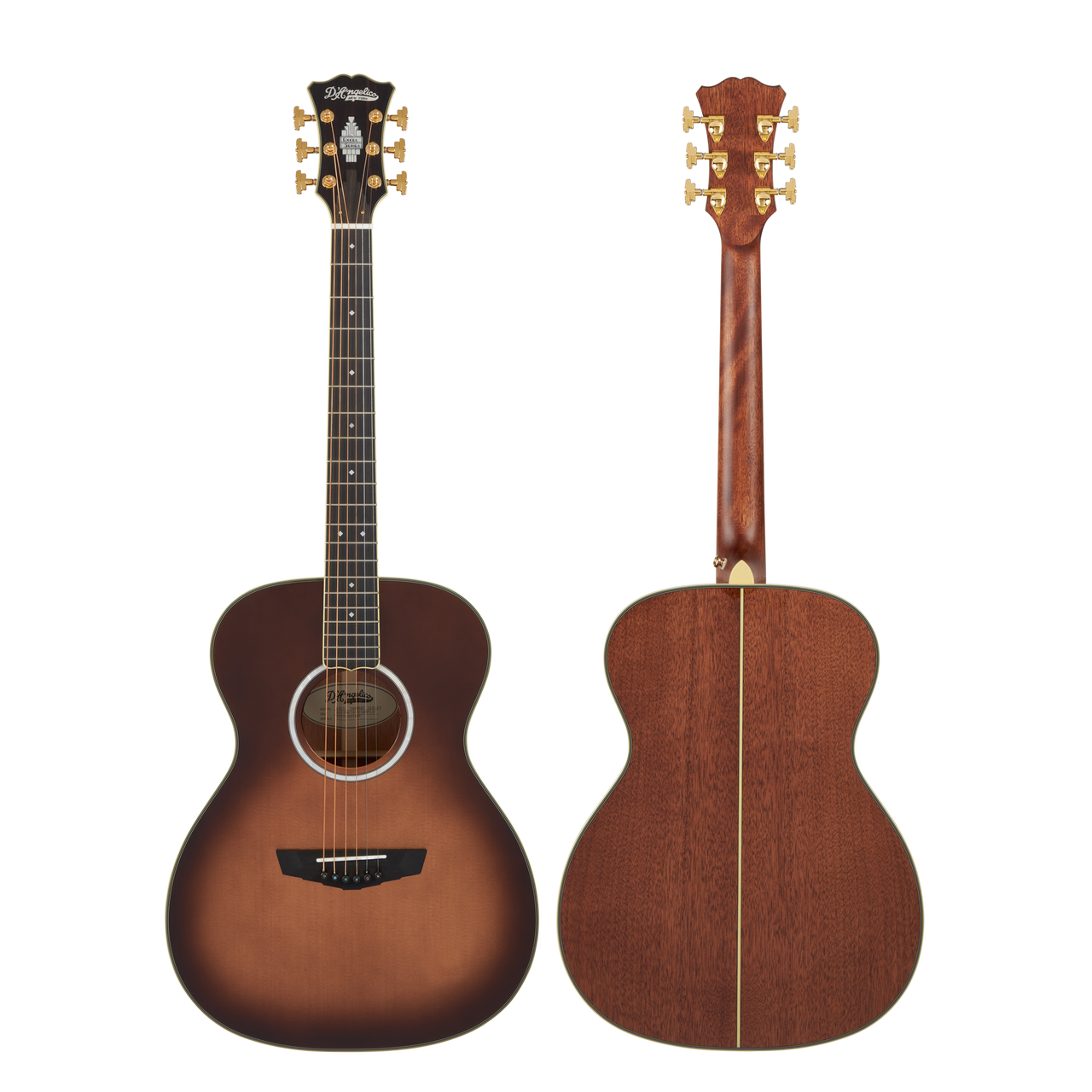 Dâ€™Angelico Tammany Orchestra E acoustic-electric guitar in Autumn Burst featuring an orchestra body shape, warm tonal response, stylish burst finish, onboard electronics, and a padded gig bag.