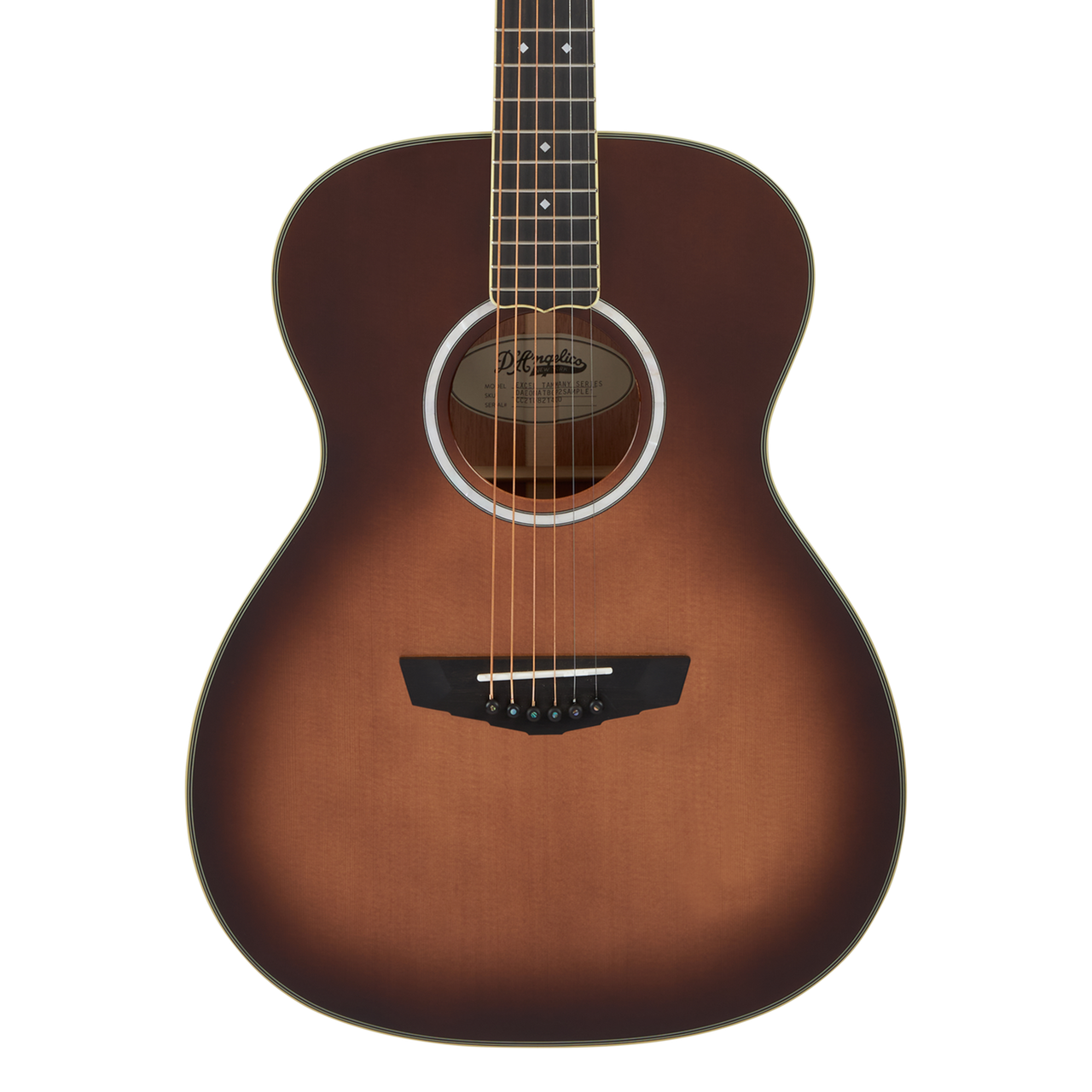 DÃ¢â‚¬â„¢Angelico Tammany Orchestra E acoustic-electric guitar in Autumn Burst featuring an orchestra body shape, warm tonal response, stylish burst finish, onboard electronics, and a padded gig bag.