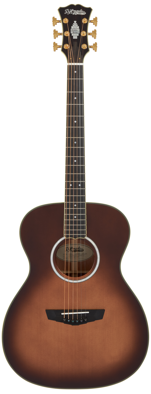 DÃ¢â‚¬â„¢Angelico Tammany Orchestra E acoustic-electric guitar in Autumn Burst featuring an orchestra body shape, warm tonal response, stylish burst finish, onboard electronics, and a padded gig bag.