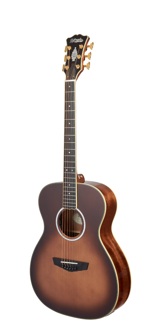 DÃ¢â‚¬â„¢Angelico Tammany Orchestra E acoustic-electric guitar in Autumn Burst featuring an orchestra body shape, warm tonal response, stylish burst finish, onboard electronics, and a padded gig bag.