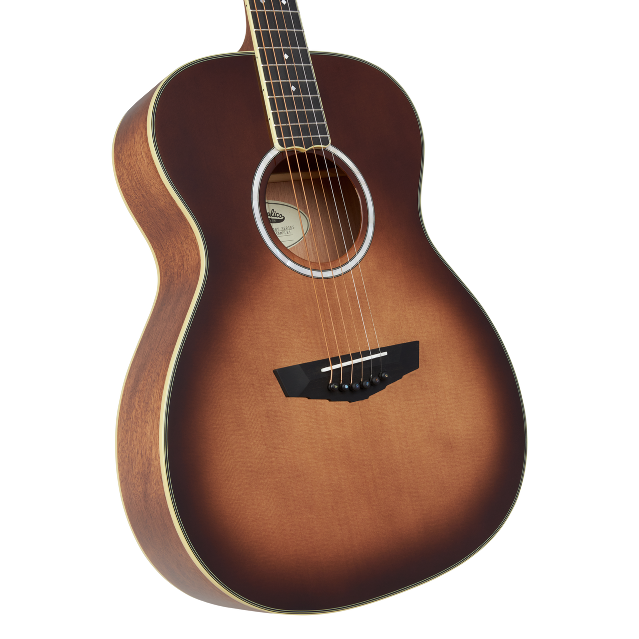 Dâ€™Angelico Tammany Orchestra E acoustic-electric guitar in Autumn Burst featuring an orchestra body shape, warm tonal response, stylish burst finish, onboard electronics, and a padded gig bag.