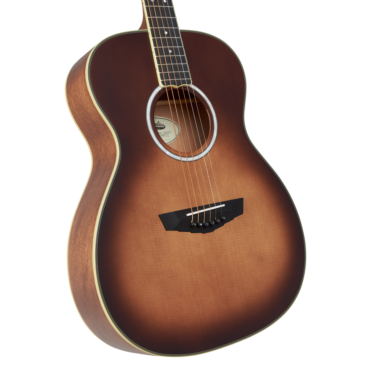 DÃ¢â‚¬â„¢Angelico Tammany Orchestra E acoustic-electric guitar in Autumn Burst featuring an orchestra body shape, warm tonal response, stylish burst finish, onboard electronics, and a padded gig bag.