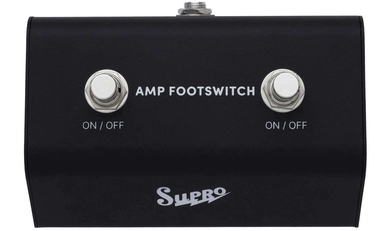 Supro SFS2 Dual Amp Footswitch featuring dual switching functionality, durable construction, compatible amp connectivity, and streamlined design for live performance use.