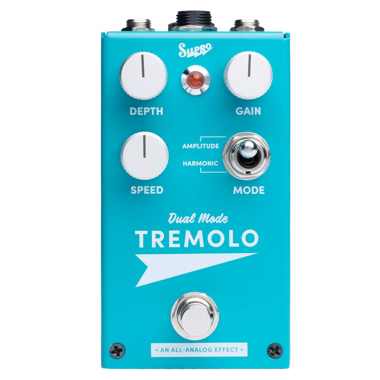 Supro 1310 Tremolo pedal featuring analog modulation circuitry, harmonic and amplitude tremolo textures, responsive depth and speed controls, and rugged pedal construction.