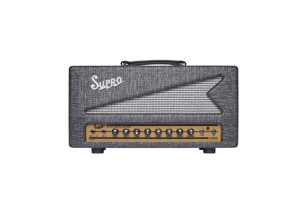 Supro Black Magick Reverb guitar amplifier head in Black Rhino featuring vintage-voiced tube circuitry, built-in reverb, bold tonal character, and classic Supro aesthetic design.