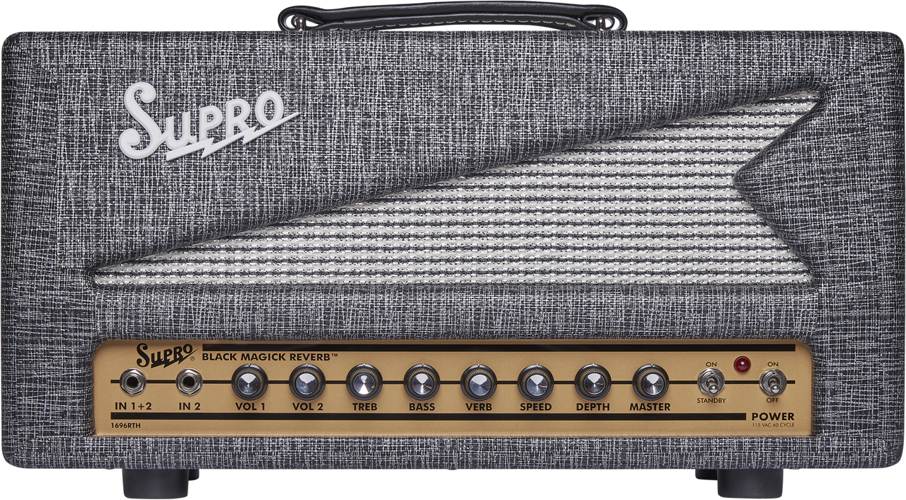 Supro Black Magick Reverb guitar amplifier head in Black Rhino featuring vintage-voiced tube circuitry, built-in reverb, bold tonal character, and classic Supro aesthetic design.