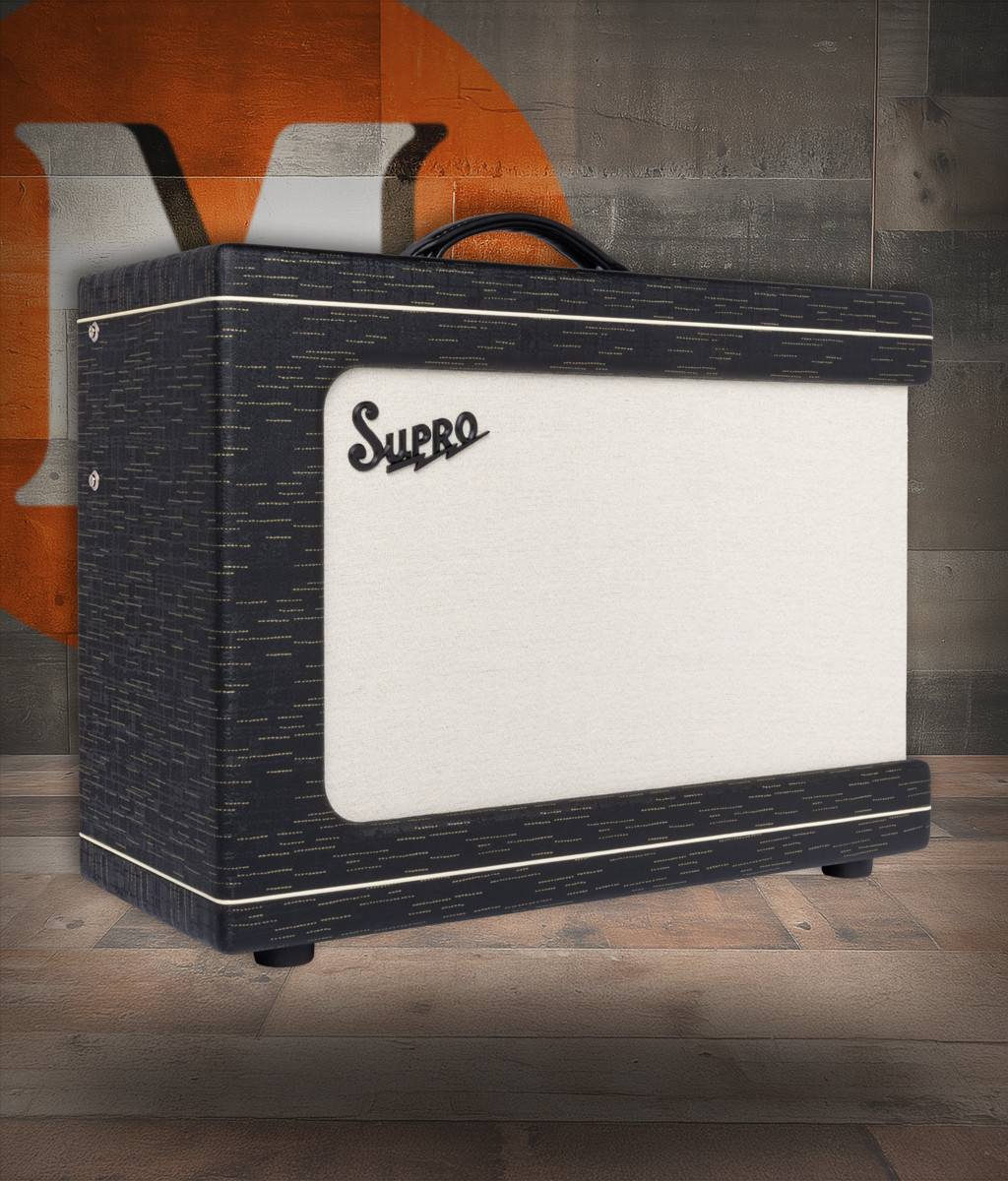 Supro Ambassador 2x10 combo amplifier in Black Gold Scandia featuring switchable 35W/50W tube power, dual 10-inch speakers, wide dynamic range, and classic Supro aesthetics.
