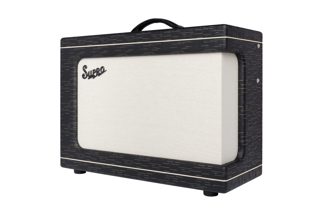 Supro Ambassador 2x10 combo amplifier in Black Gold Scandia featuring switchable 35W/50W tube power, dual 10-inch speakers, wide dynamic range, and classic Supro aesthetics.