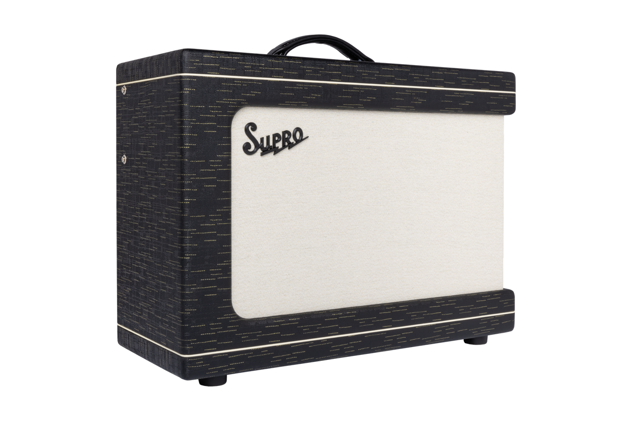 Supro Ambassador 2x10 combo amplifier in Black Gold Scandia featuring switchable 35W/50W tube power, dual 10-inch speakers, wide dynamic range, and classic Supro aesthetics.