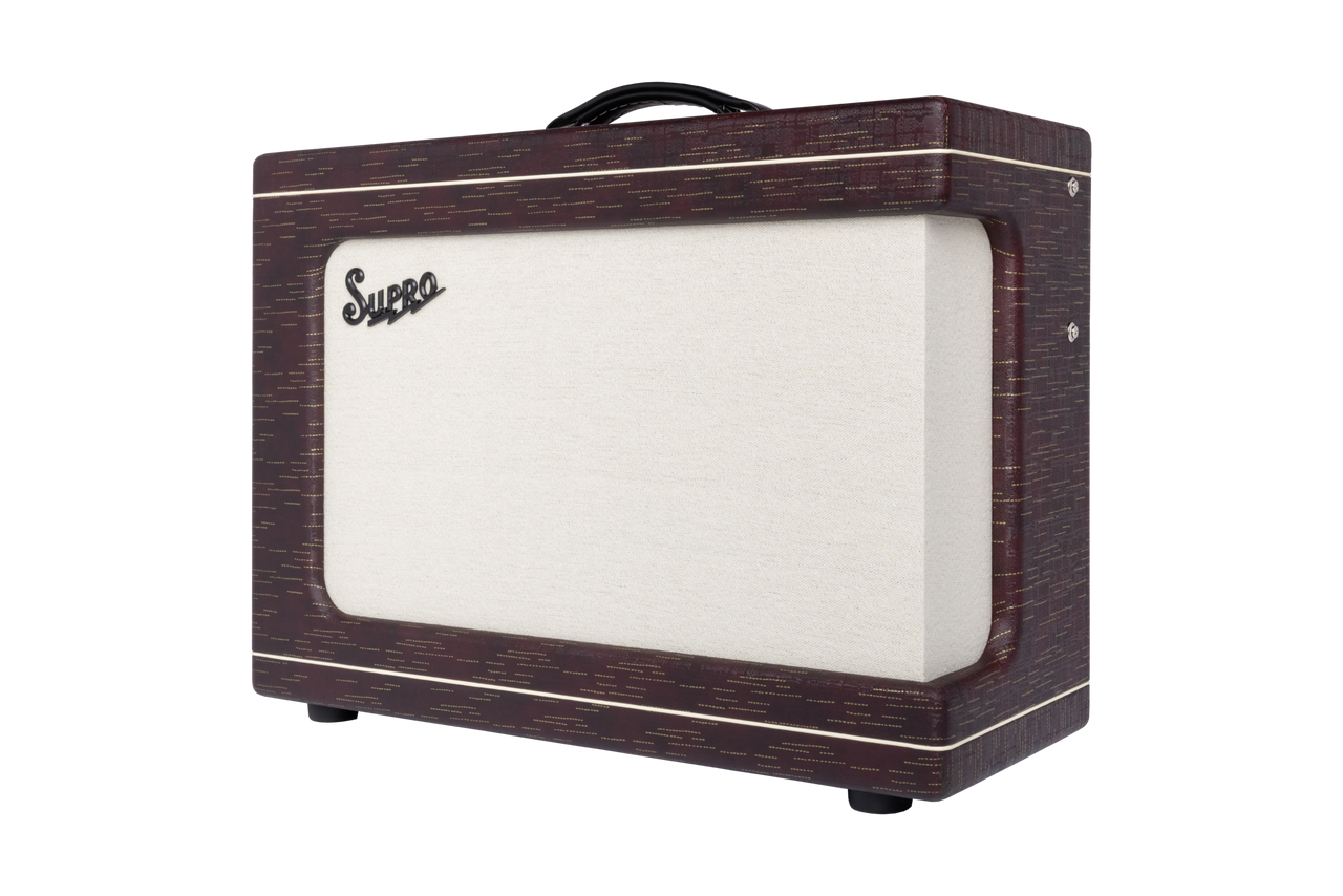 Supro Ambassador 2x10 combo amplifier in Burgundy Gold Scandia featuring switchable 35W/50W power, dual 10-inch speakers, rich tube-driven tone, and stylish Supro design.