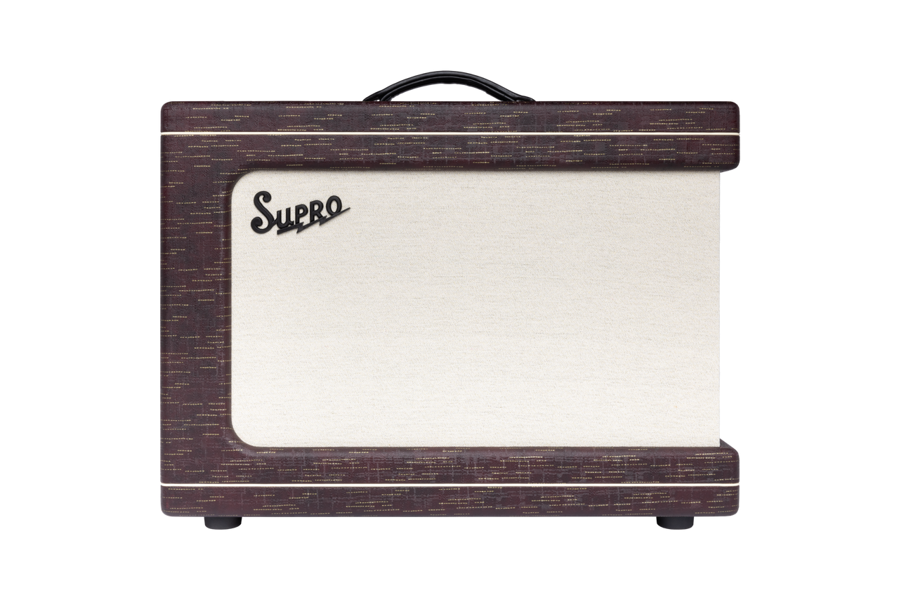Supro Ambassador 2x10 combo amplifier in Burgundy Gold Scandia featuring switchable 35W/50W power, dual 10-inch speakers, rich tube-driven tone, and stylish Supro design.