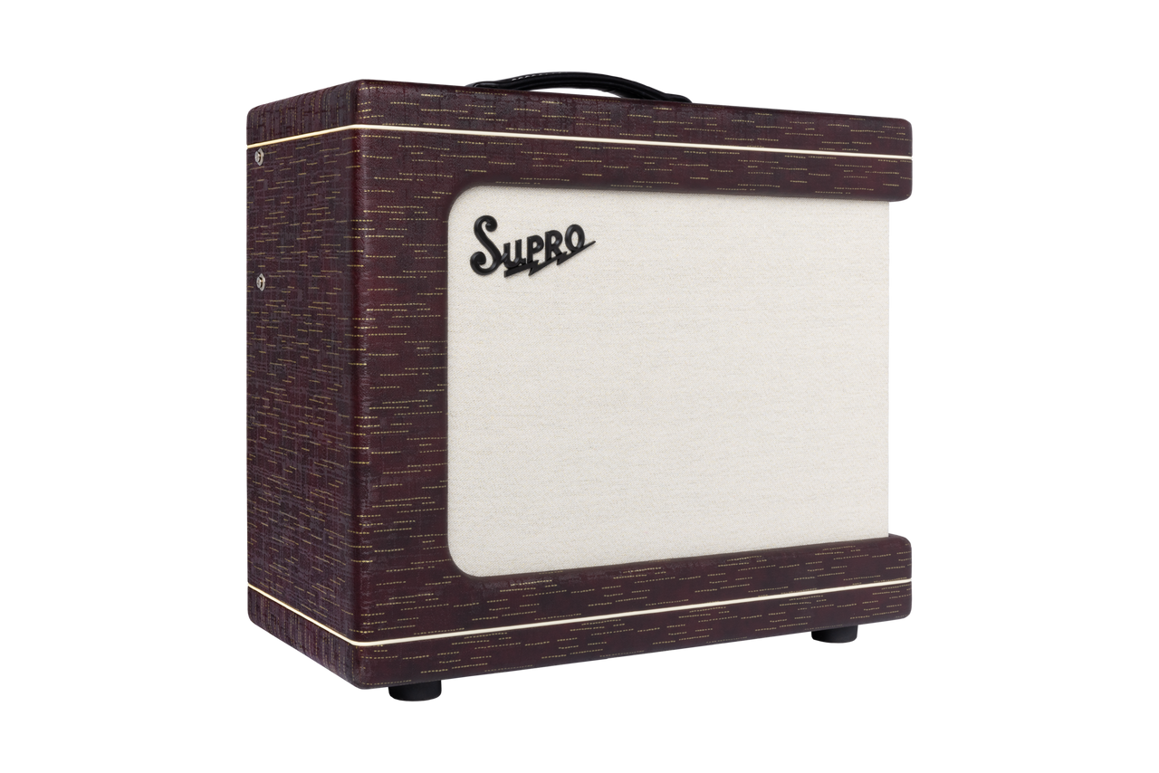 Supro Delegate 1x12 combo amplifier in Burgundy Gold Scandia featuring 25-watt tube power, built-in reverb, classic Supro circuitry, and expressive tonal character.