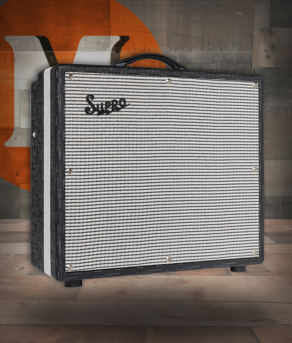 Supro Black Magick Reverb Tyler Bryant Signature combo amplifier in Black Rhino featuring a 35-watt tube power section, unique 1x11 speaker configuration, built-in reverb, signature voicing, and premium Supro styling.