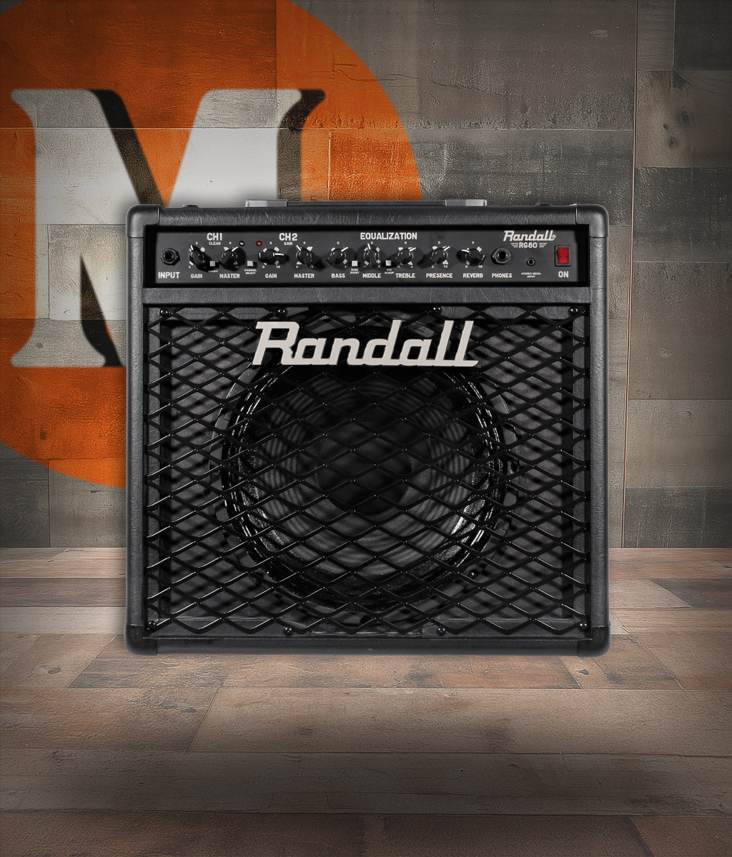 Randall RG80 solid state 80-watt guitar combo amplifier featuring two independent channels, punchy high-gain performance, rugged cabinet design, and versatile tone shaping.