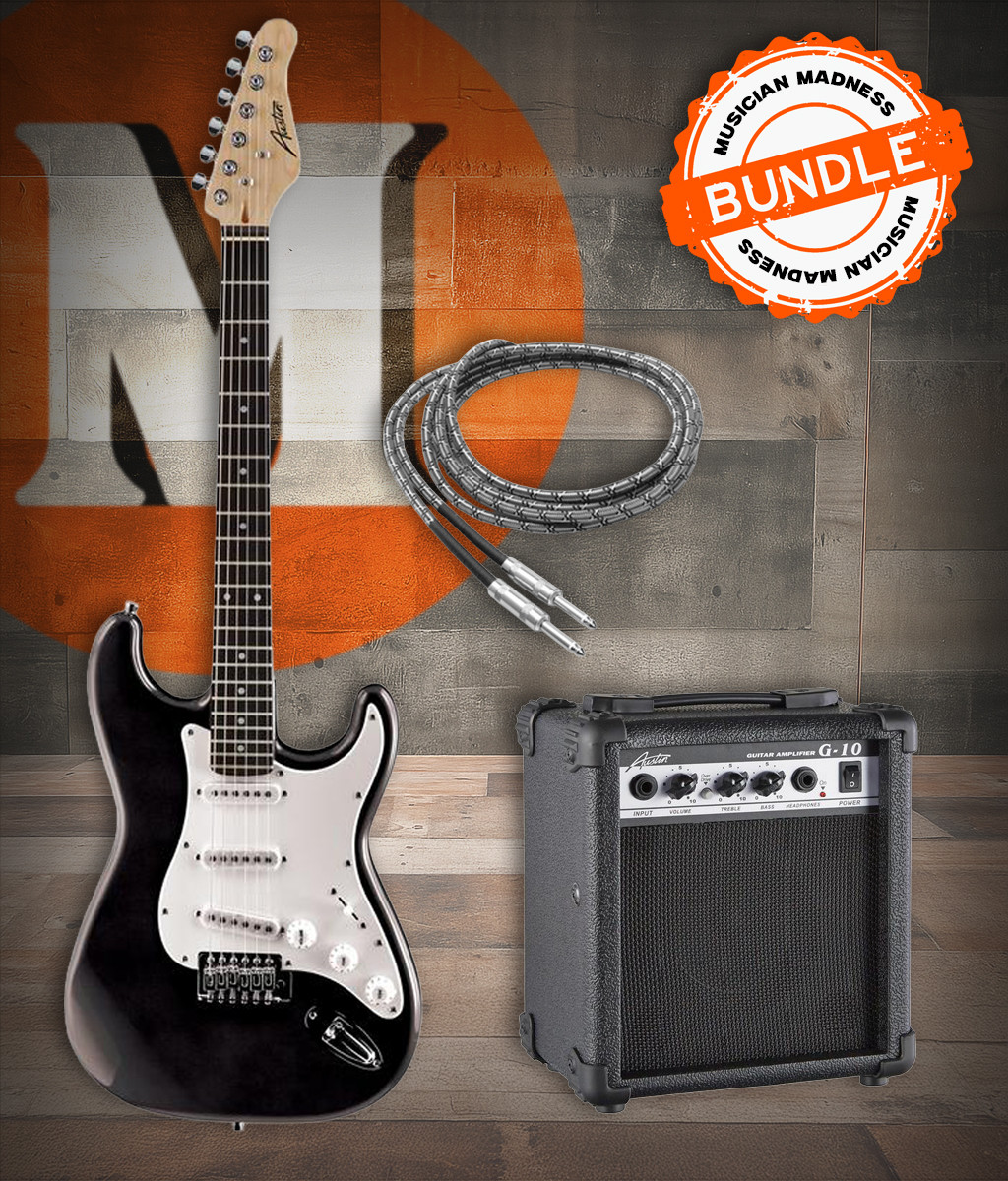 Austin AST100BK Classic Double Cutaway Guitar Bundle in Black featuring the AST100BK electric guitar, Austin AUG10 amplifier, instrument cable, and a beginner-friendly setup ideal for new players.