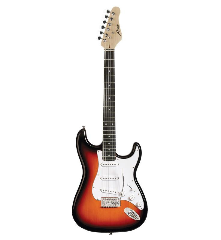 Austin AST100SB Classic Double Cutaway Guitar Bundle in Sunburst featuring the AST100SB electric guitar, Austin AUG10 amplifier, instrument cable, and a complete beginner-friendly setup.