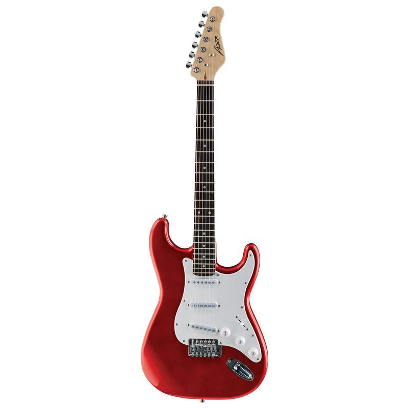 Austin AST100RD Classic Double Cutaway Guitar Bundle in Red featuring the AST100RD electric guitar, Austin AUG10 amplifier, instrument cable, and a complete beginner-friendly setup.