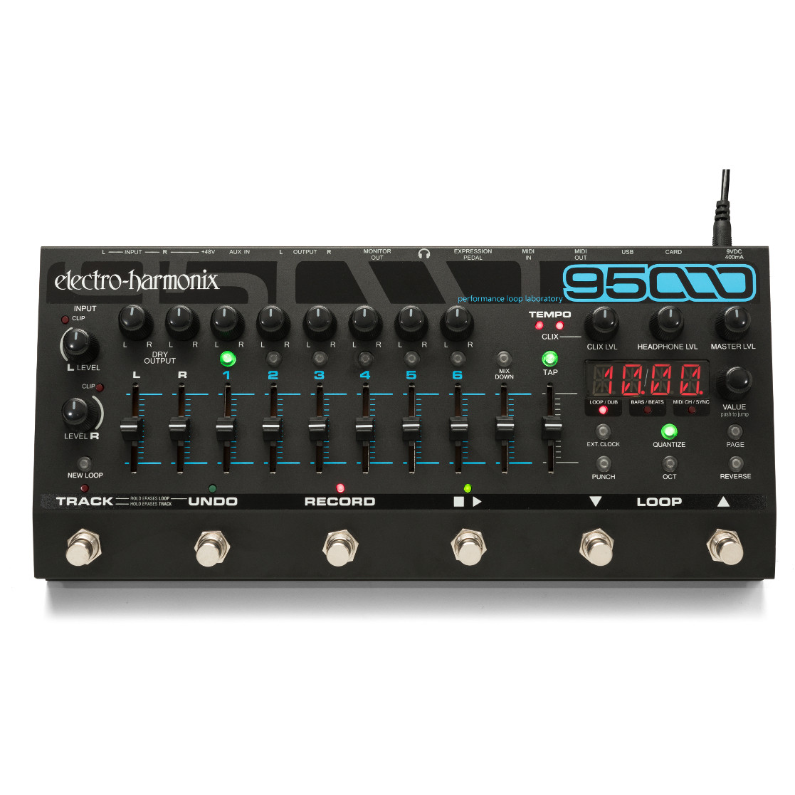 Electro-Harmonix 95000 Performance Loop Laboratory featuring six mono tracks plus stereo mixdown, SDHC storage, advanced transport controls, built-in metronome, MIDI synchronization, and full-featured looping for studio and stage performance.