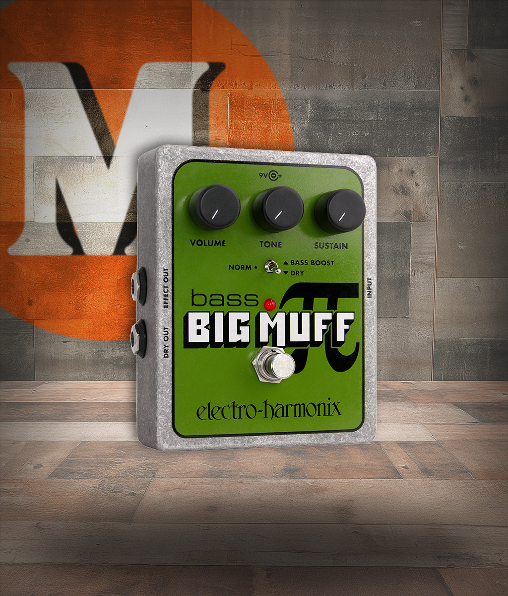 Electro-Harmonix Bass Big Muff Pi pedal featuring iconic Big Muff fuzz circuitry optimized for bass, deep low-end presence, sustain-rich distortion, and rugged EHX construction.