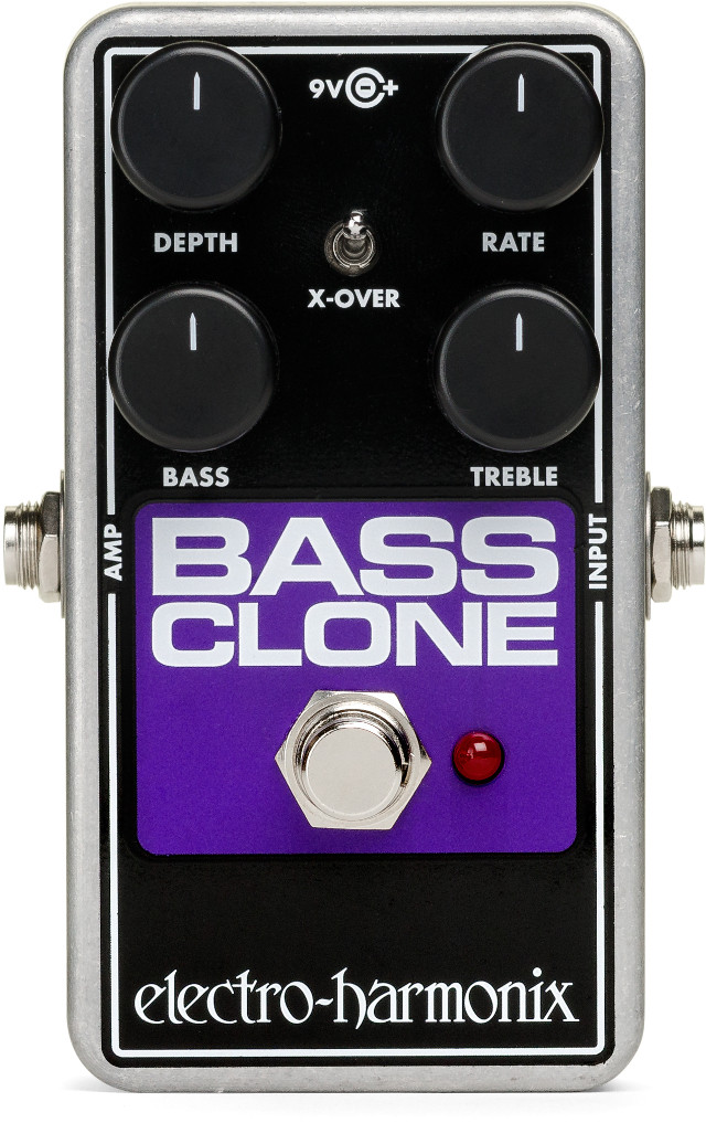 Electro-Harmonix Bass Clone pedal featuring a dedicated crossover switch, depth and rate controls, full/clean blend capability, and warm, articulate chorus effects optimized for bass guitar.
