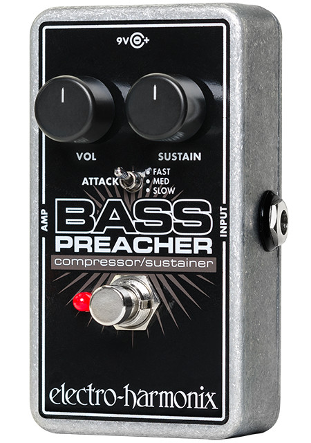 Electro-Harmonix Bass Preacher pedal featuring responsive compression controls, enhanced sustain for bass guitar, durable construction, and clean dynamic shaping for studio or live performance.