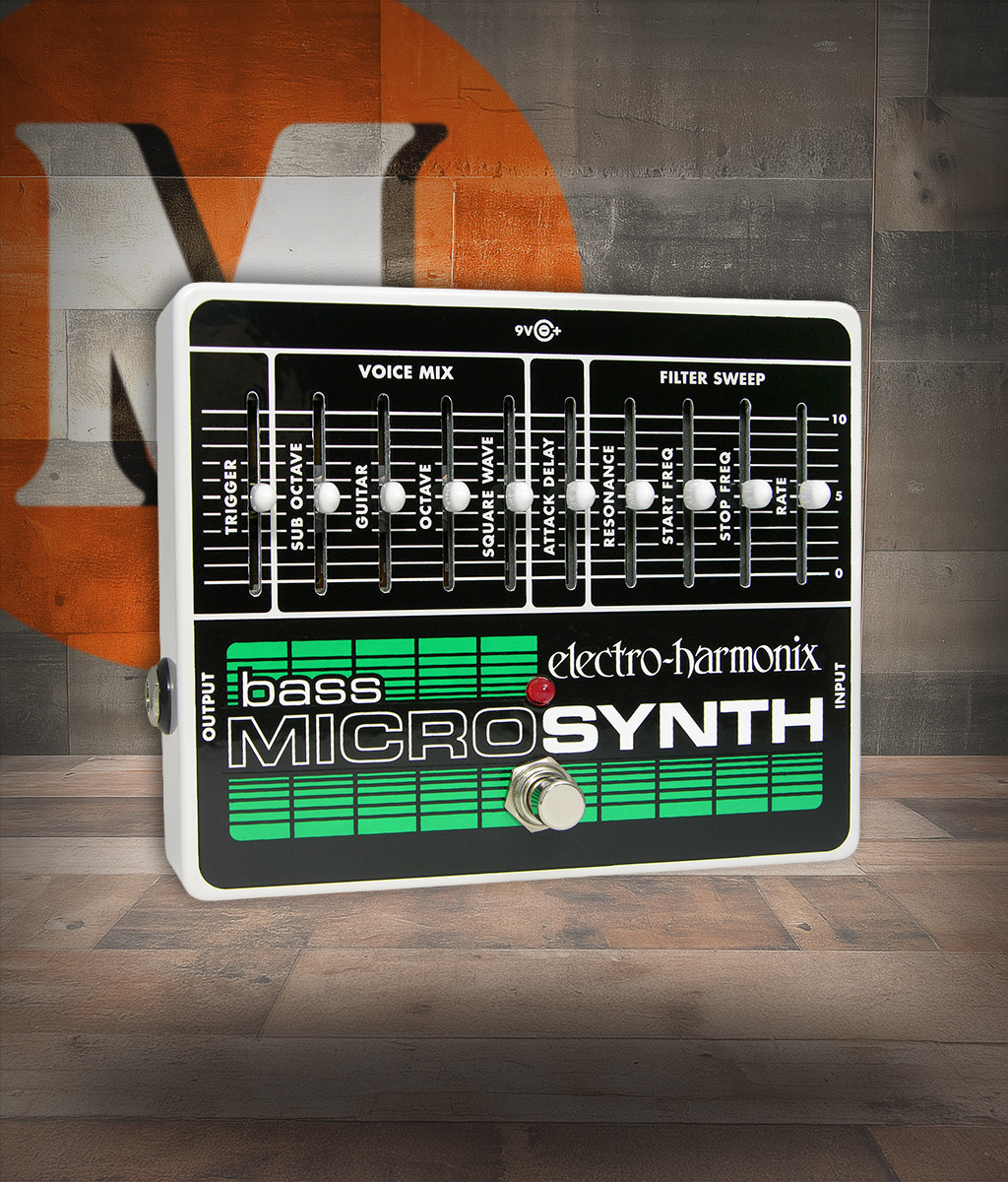 Electro-Harmonix Bass Micro Synth pedal featuring analog oscillator, sub-octave, square wave, and attack delay voices, with full envelope control for rich vintage-style bass synthesizer tones.