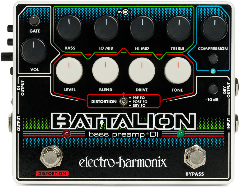 Electro-Harmonix Battalion Bass Preamp & DI pedal featuring a full 4-band EQ, switchable distortion, compressor, noise gate, balanced DI output, and versatile tone-shaping designed for bassists.