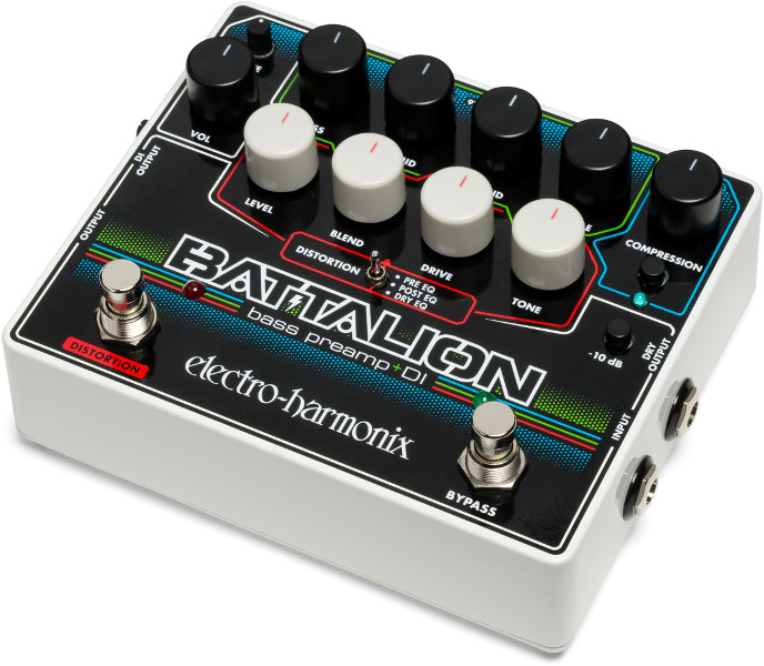 Electro-Harmonix Battalion Bass Preamp & DI pedal featuring a full 4-band EQ, switchable distortion, compressor, noise gate, balanced DI output, and versatile tone-shaping designed for bassists.