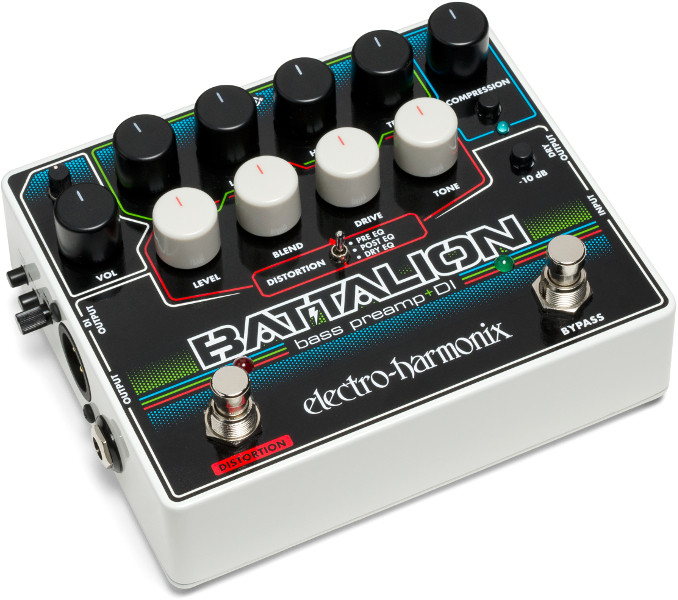 Electro-Harmonix Battalion Bass Preamp & DI pedal featuring a full 4-band EQ, switchable distortion, compressor, noise gate, balanced DI output, and versatile tone-shaping designed for bassists.