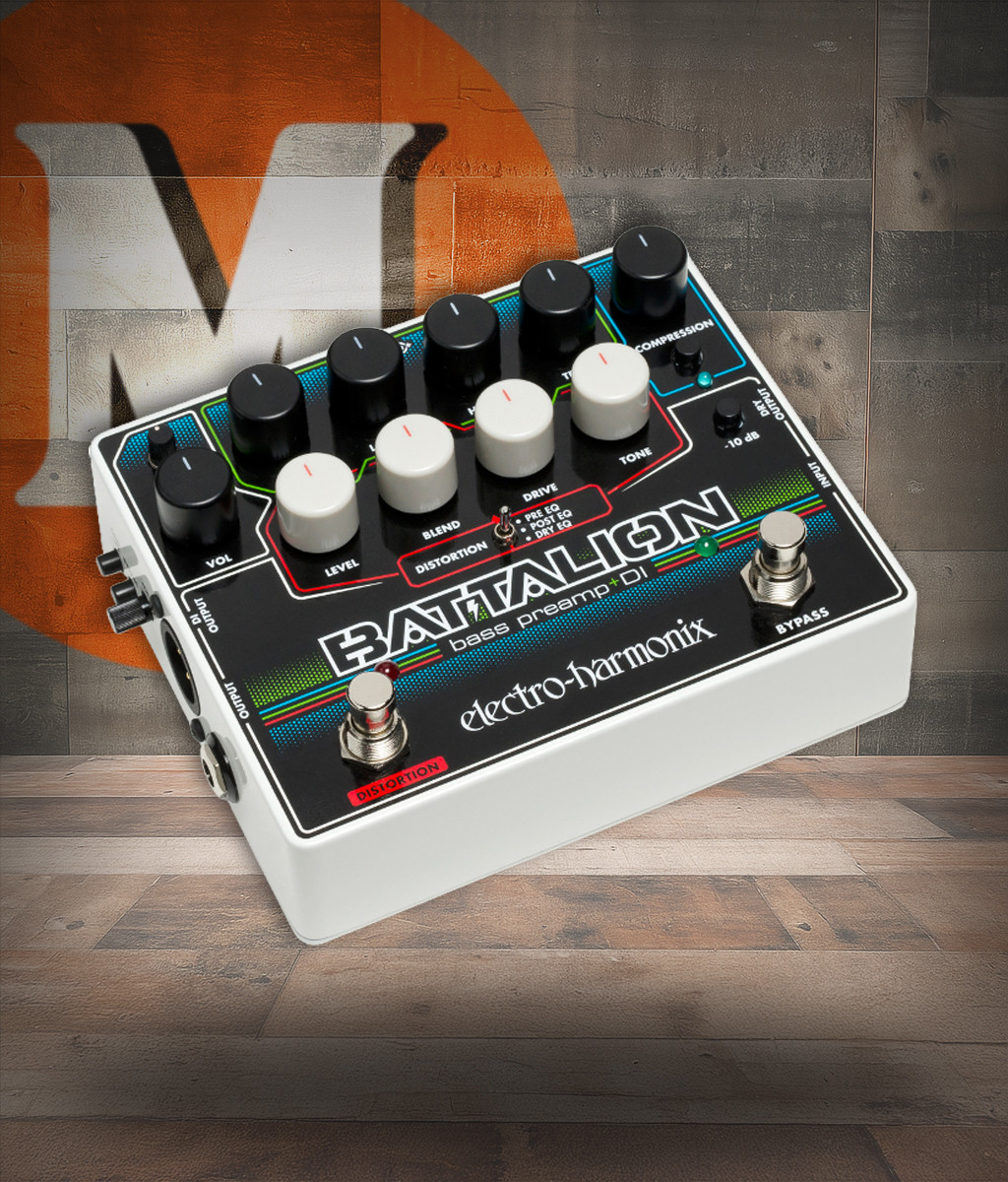 Electro-Harmonix Battalion Bass Preamp & DI pedal featuring a full 4-band EQ, switchable distortion, compressor, noise gate, balanced DI output, and versatile tone-shaping designed for bassists.