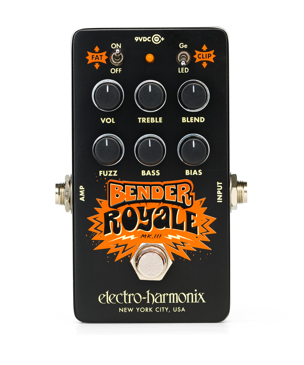 Electro-Harmonix Bender Royale Fuzz pedal in Black featuring vintage-inspired fuzz circuitry, rich harmonic saturation, responsive controls, and rugged EHX construction for classic and modern fuzz tones.