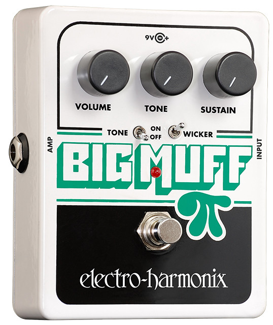 Electro-Harmonix Big Muff Pi with Tone Wicker pedal featuring traditional Big Muff fuzz circuitry, switchable Tone bypass, Wicker mode for enhanced brightness and harmonics, and rugged EHX construction.