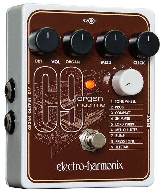 Electro-Harmonix C9 Organ Machine pedal featuring nine classic organ presets, modulation and click controls, realistic organ-style tone shaping, and fast tracking for guitar and keyboards.