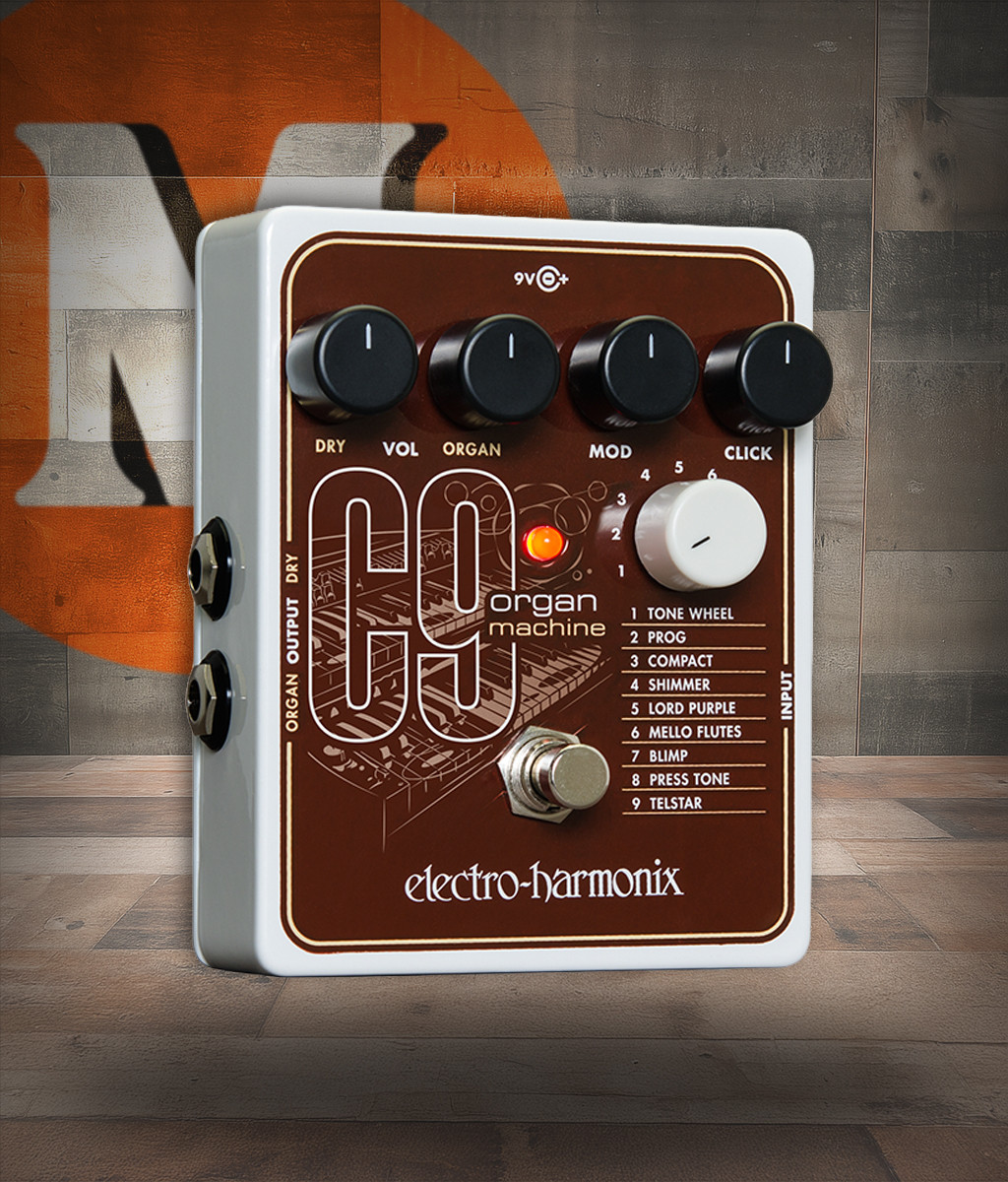 Electro-Harmonix C9 Organ Machine pedal featuring nine classic organ presets, modulation and click controls, realistic organ-style tone shaping, and fast tracking for guitar and keyboards.