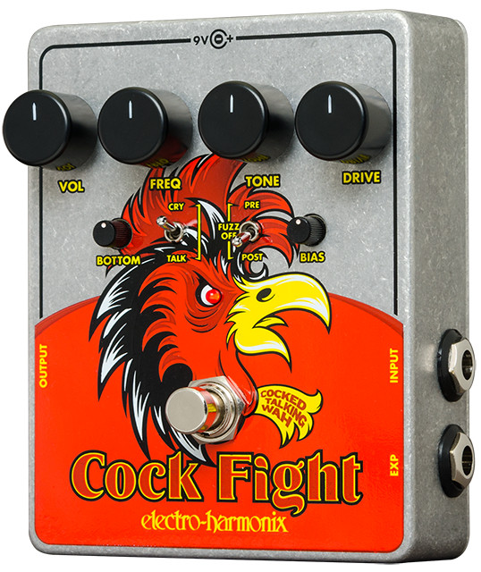 Electro-Harmonix Cock Fight pedal featuring cocked-wah filtering, talking-style vocal wah effects, optional fuzz circuit, dual-mode tone shaping, and rugged EHX construction for expressive guitar performance.